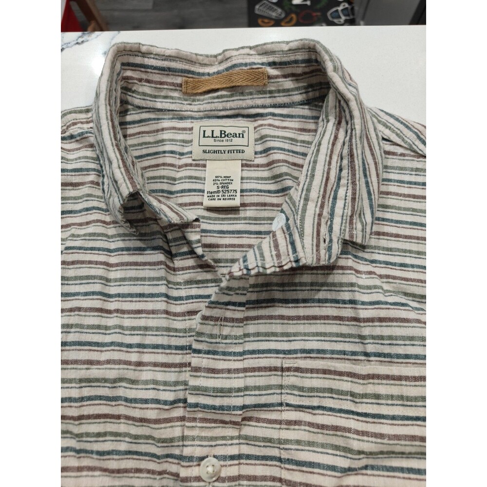 LL Bean Stonecoast Hemp Shirt Button Down Striped Fitted Mens Small